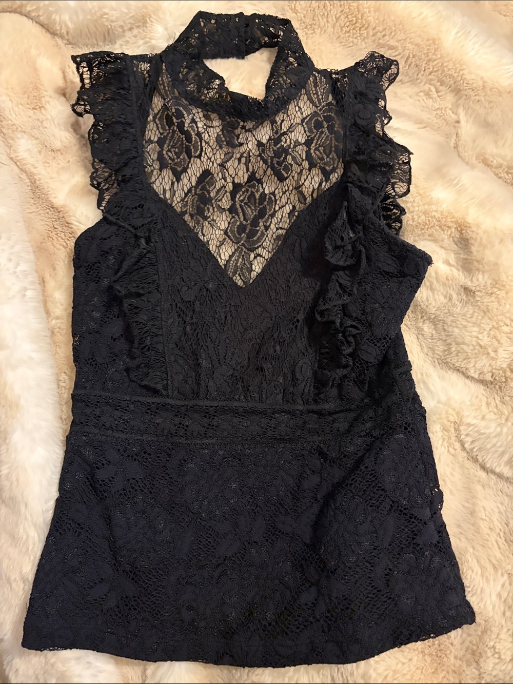 Nightcap Black Lace Ruffle Mock-Neck Camisole